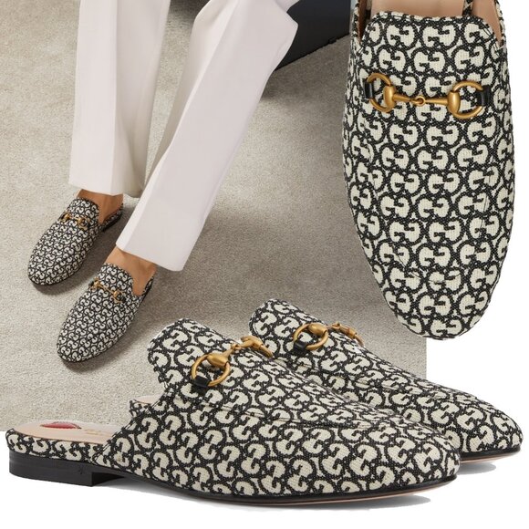 GUCCI SHOES PRINCETOWN HORSEBIT GG JACQUARD SLIPPERS LOAFER MULE sz 39 9 - Picture 1 of 16